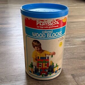 Vintage 1978 Playskool Colored Wood Blocks 645 Original Storage Canister USA